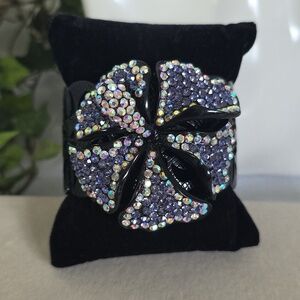 Vintage Wide Black Metal Bracelet with Jeweled Orchid Flower